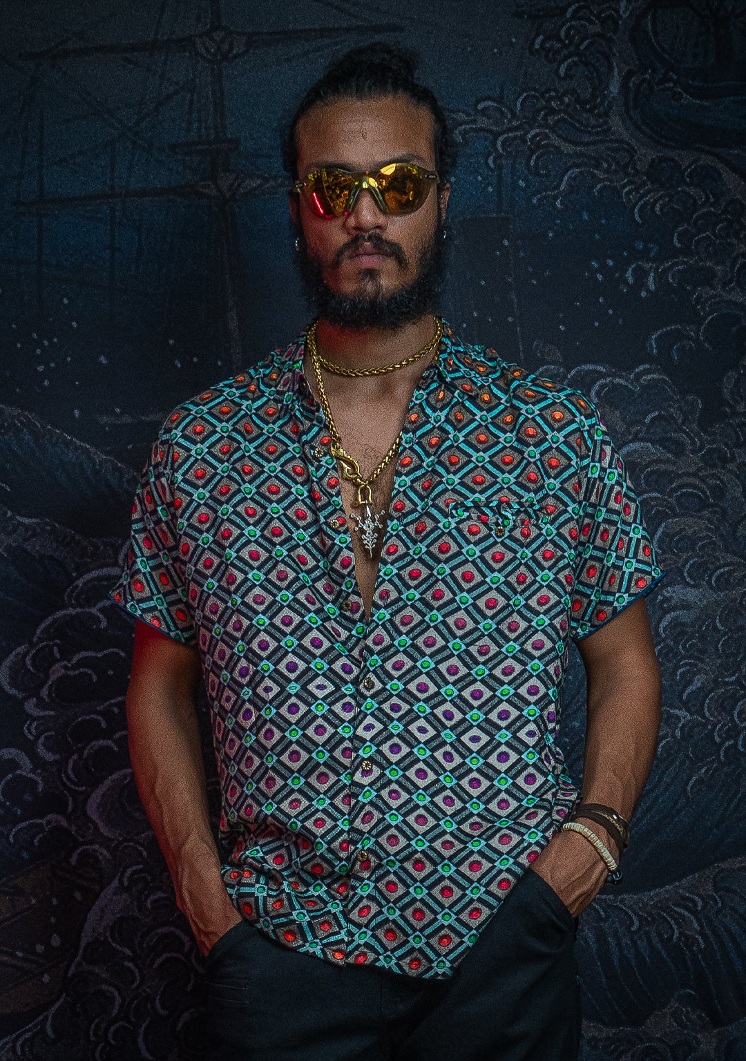 Shirt Men Half Sleeves / Viscose Diamond Weave- STRABERRY ICE